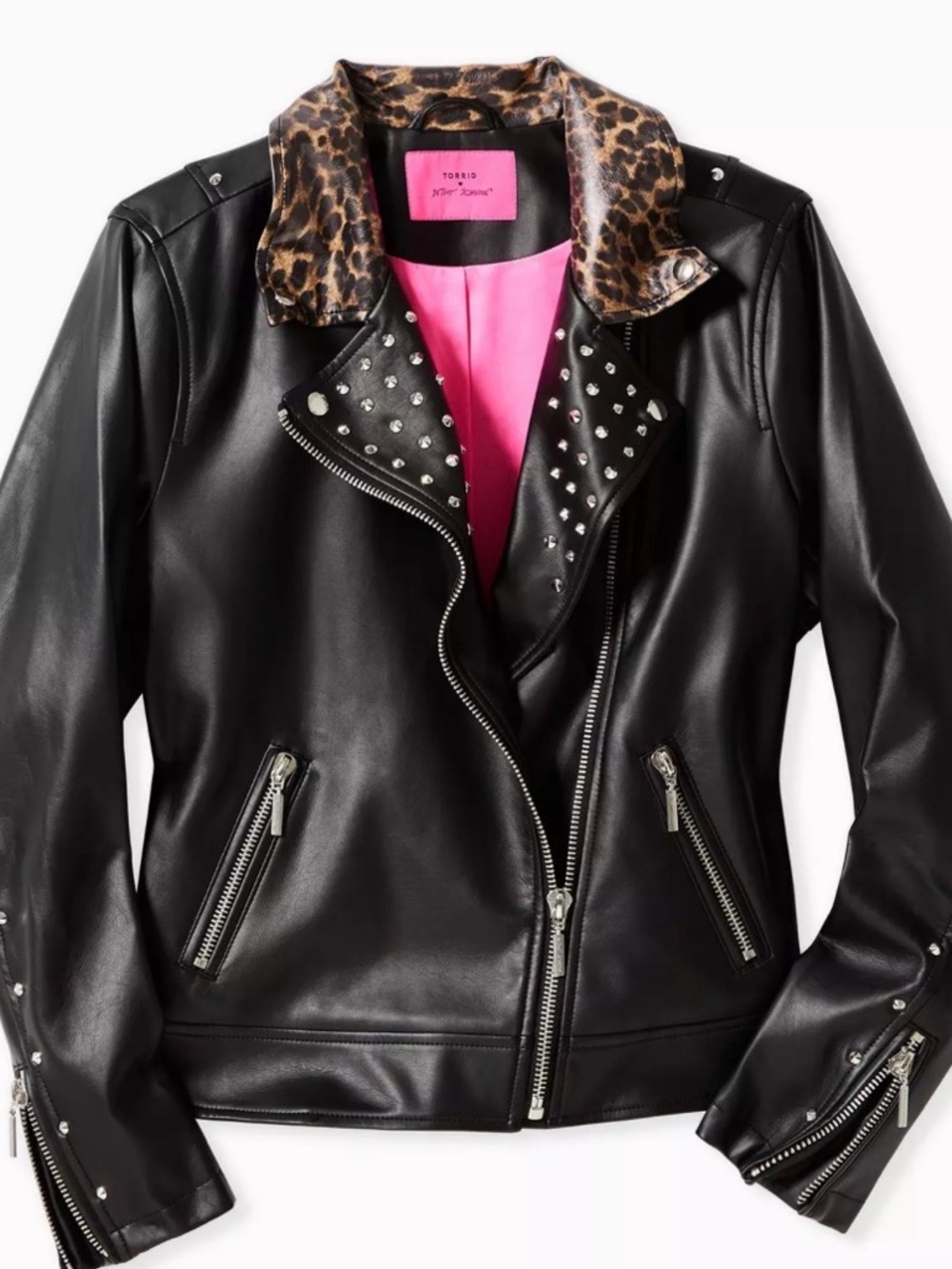 Torrid Studded Faux Leather Moto Jacket with Leopard Trim - Black/Pink